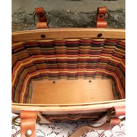 Rare 2008 Longaberger Signature Weave Multicolored Basket Tote Sturdy Leather - Picture 3 of 10